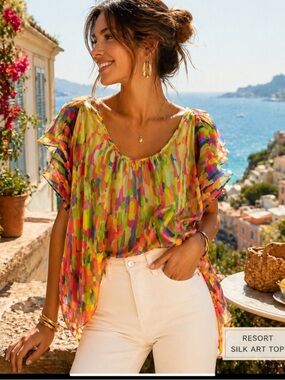 Collective Clothing 100% Silk Wearable Art Ruffle Sleeve Blouse M